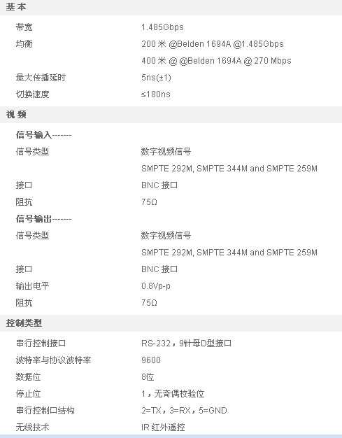 SDI数字视频矩阵参数