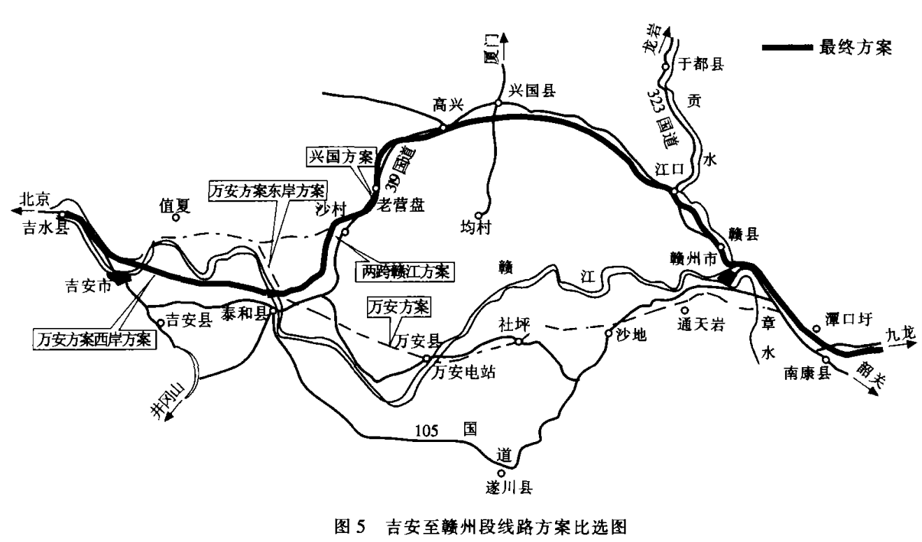 京九铁路两跨赣江绕大弯的万安县至兴国县线路组合方案示意 京九铁路两跨赣江绕大弯的万安县至兴国县线路组合方案示意
