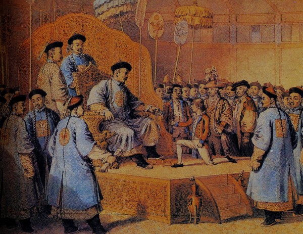 英使访华时托马斯·斯当东单膝参拜乾隆帝