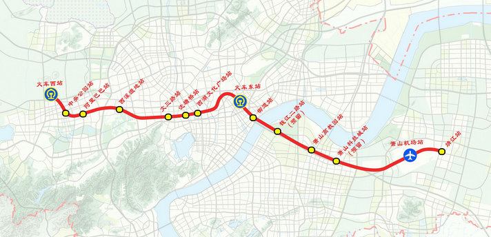 杭州机场轨道快线路线走向示意图 杭州机场轨道快线路线走向示意图