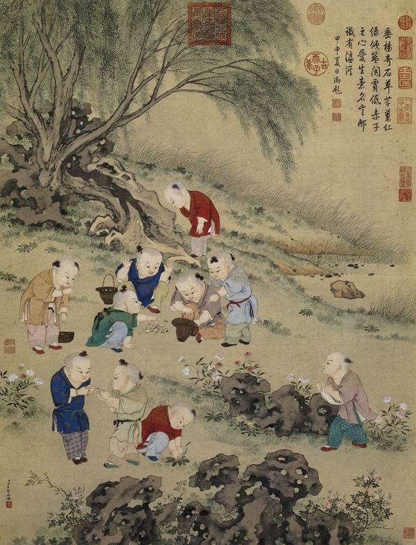 清 金廷标 群婴斗草图轴 清 金廷标 群婴斗草图轴