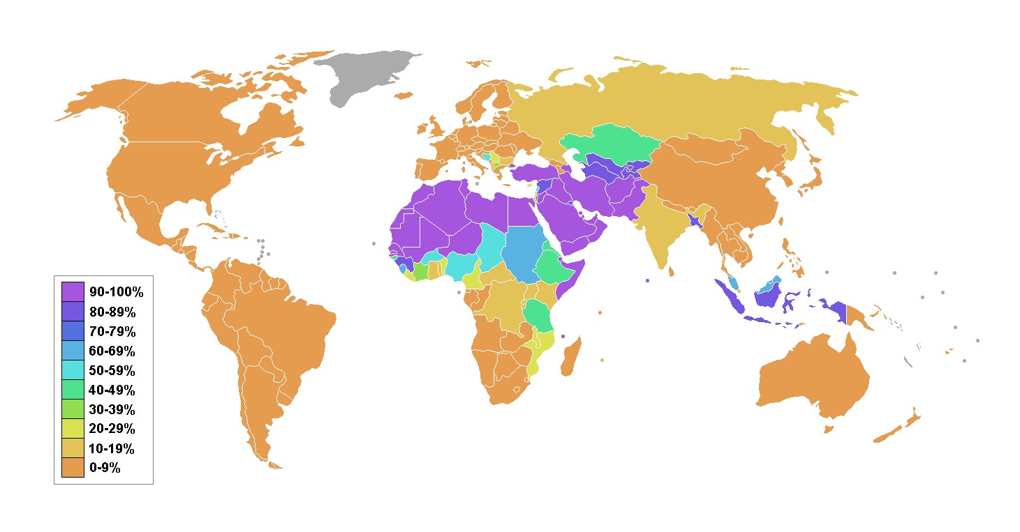 世界上信仰伊斯兰教的国家(百分比) 世界上信仰伊斯兰教的国家(百分比)
