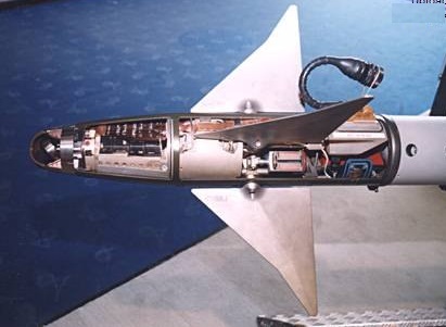 AIM-9L 的弹头部分，注意上方两片弹翼之间的就是脐带