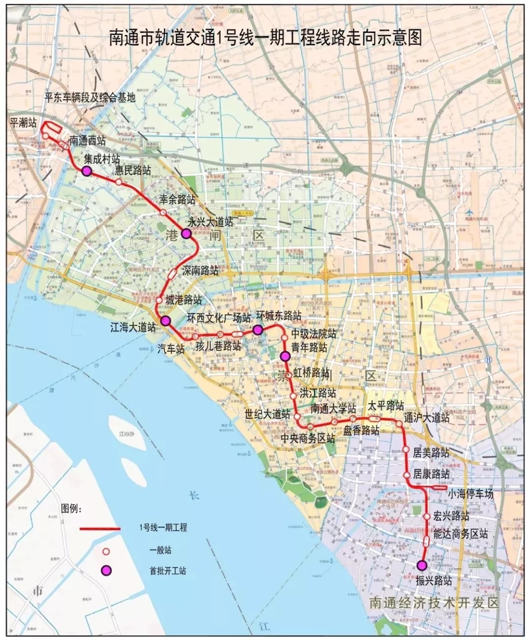 南通市轨道交通一号线一期工程走向示意图